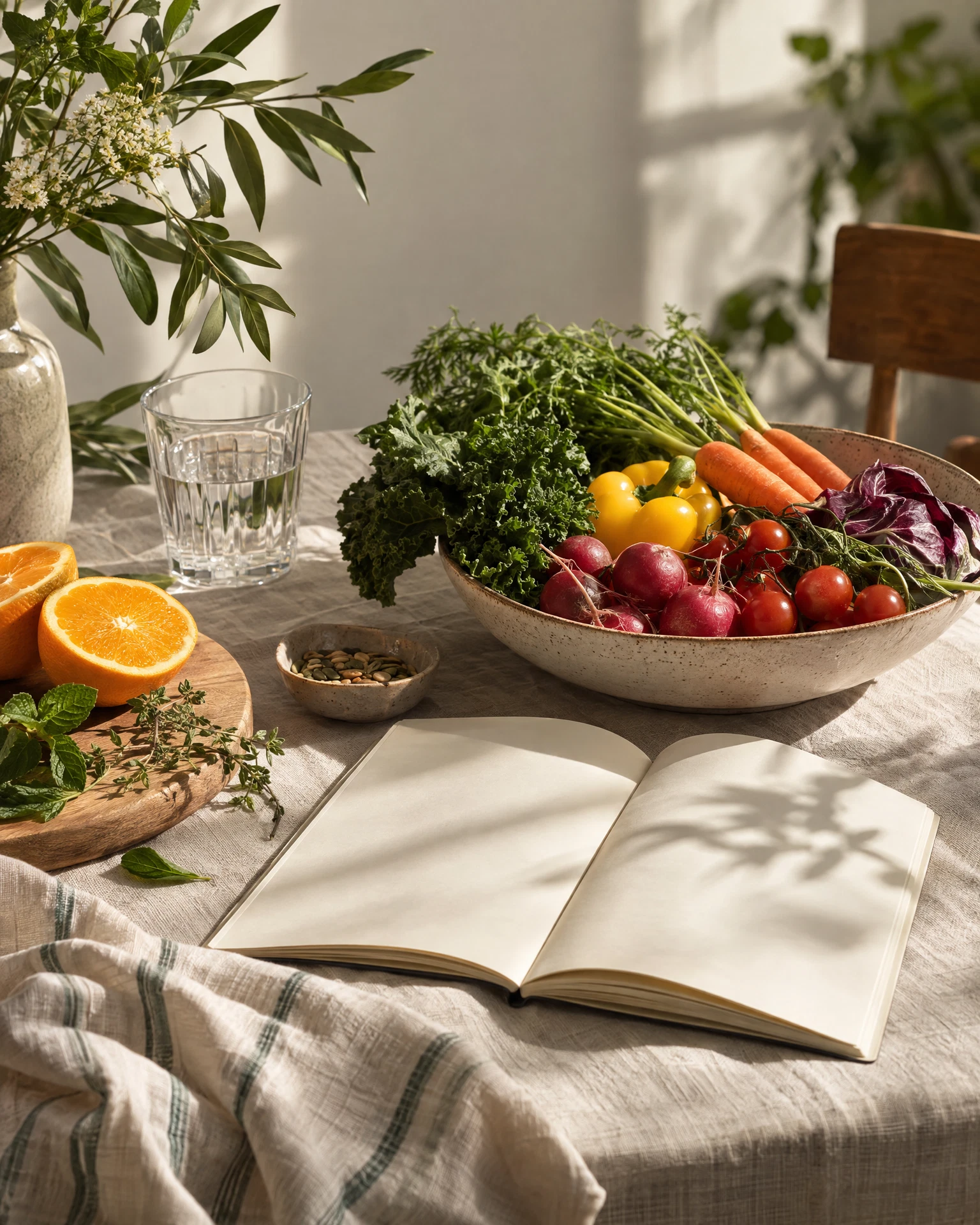 Fresh vegetables, herbs and a notebook on a sunlit table
